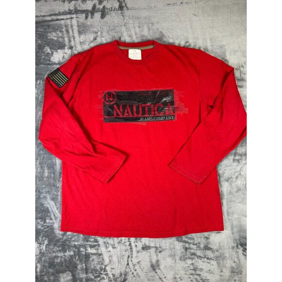 VINTAGE Nautica Jeans‎ Co Red Long Sleeve Army Patch Embroidered Y2K Mens Large - Picture 1 of 8